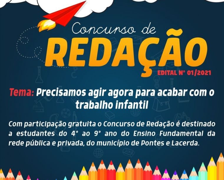 Prefeitura de Pontes e Lacerda lança concurso de redação sobre trabalho infantil