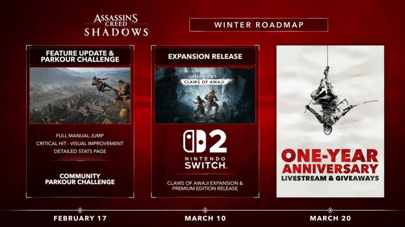 Assassin’s Creed Shadows: expansão Claws of Awaji chega ao Switch 2 em março